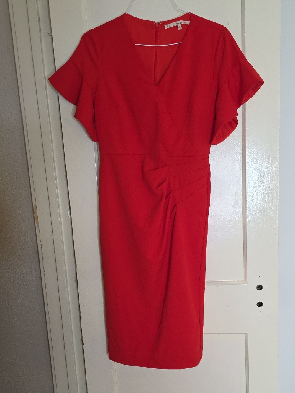 Elegant V Neck Red Sheath Dress with Flutter Sleeves Size 8